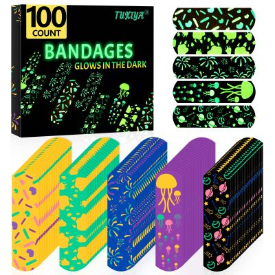 100 Pcs Kids Bandaids,Glow in the Dark Bandaids for Kids,Cute Waterproof Bandaid for Kid and Adults, 5 Styles Adhesive Bandage for Minor Cuts, Scrapes, Wounds and First Aid