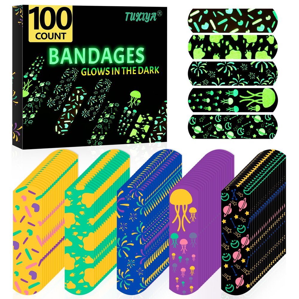 100 Pcs Kids Bandaids,Glow in the Dark Bandaids for Kids,Cute Waterproof Bandaid for Kid and Adults, 5 Styles Adhesive Bandage for Minor Cuts, Scrapes, Wounds and First Aid