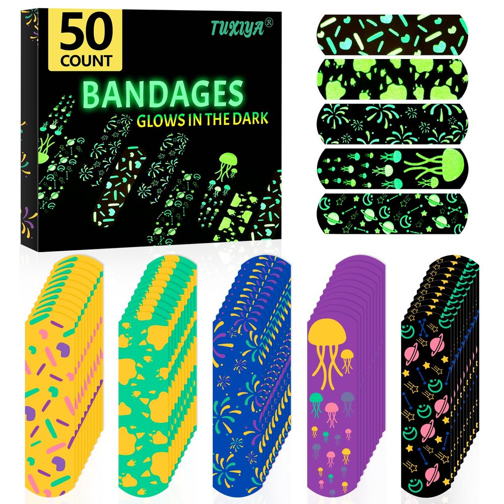 50 Count Kids Bandaids, Glow in The Dark & Waterproof Bandages, One Size Cute Bandaids for Kids and Adults, 5 Styles Adhesive Bandages for Minor Cuts, Scrapes, Wounds and First Aid