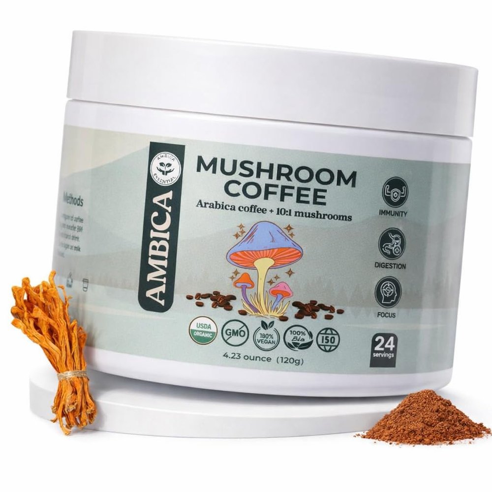 Ambica Instant Mushroom Coffee Ground, USDA Organic With Ten Mushroom Coffee with Lions Mane, Reishi, Cordyceps & Chaga for Immnue Support & Gut Health, Better Energy & Focus 24 Servings, 4.23 Oz