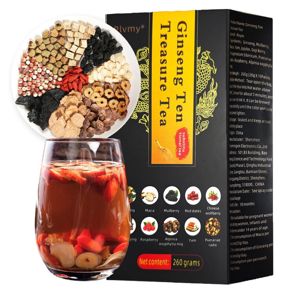 10 Bags Ginseng Ten Treasures Tea, Chinese Herbal Kidney Detox Tea for Men & Women, 10 Precious Ingredients Formula (260g,10 bags/Box)
