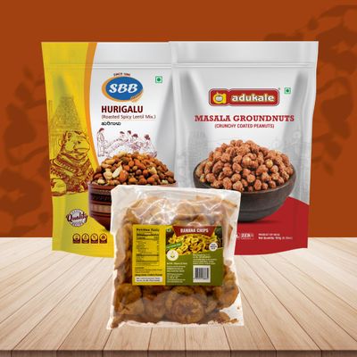 Adukale, Grand Sweets and Snacks, SBB Snacks Combo Pack - B (Pack of 3) Contains - SBB -Hurigalu 200g, ADK - Masala Groundnut 180g and GSS -Banana chips spicy 250g