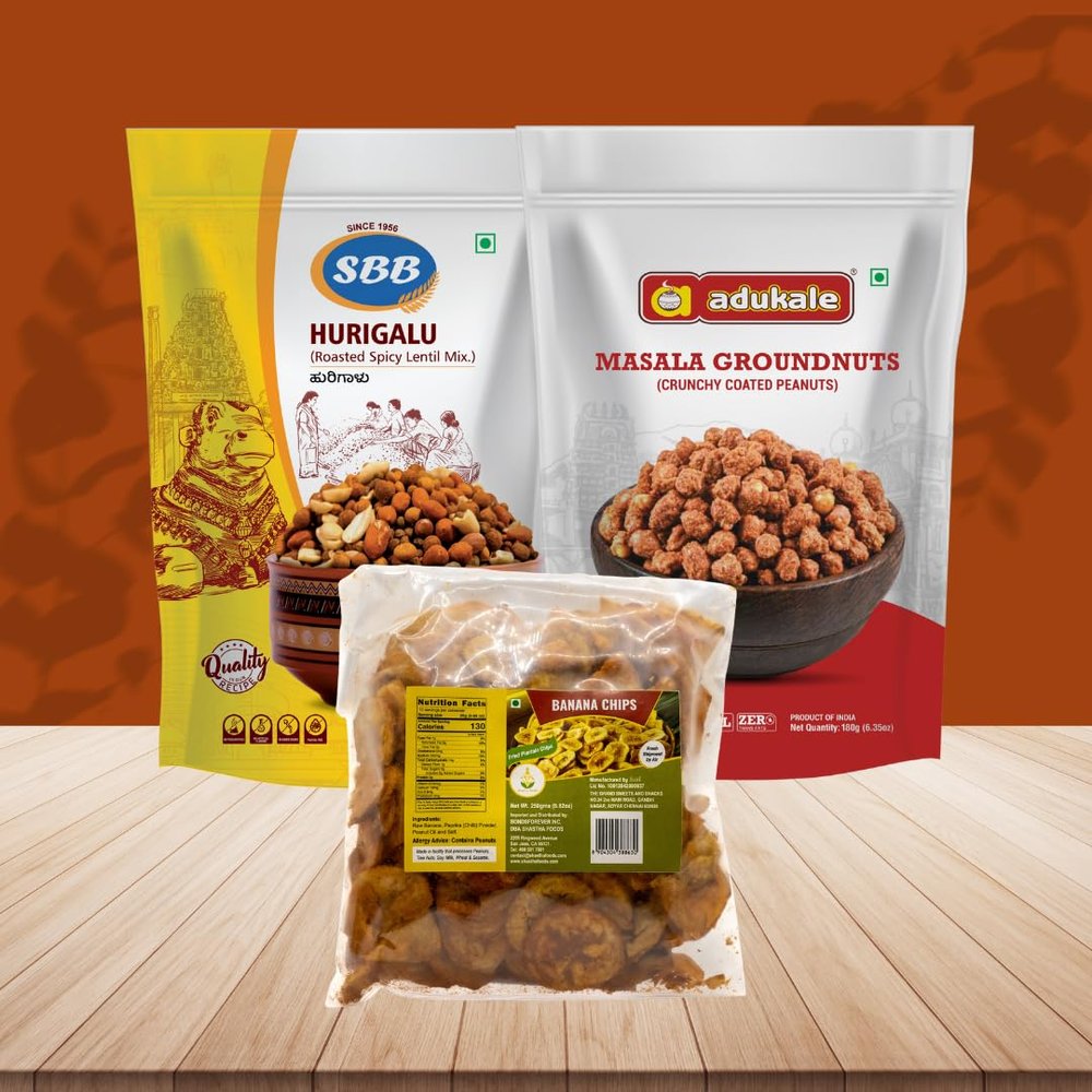 Adukale, Grand Sweets and Snacks, SBB Snacks Combo Pack - B (Pack of 3) Contains - SBB -Hurigalu 200g, ADK - Masala Groundnut 180g and GSS -Banana chips spicy 250g