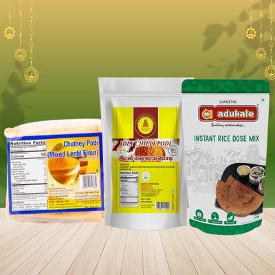 Adukale, Thanjavur Podi, Grand Sweets and Snacks Combo Pack - D (Pack of 3) Contain - Thanjavur idli podi 200g, Adukale, Rice Dosa Mix 500g and GSS Chutney 250g