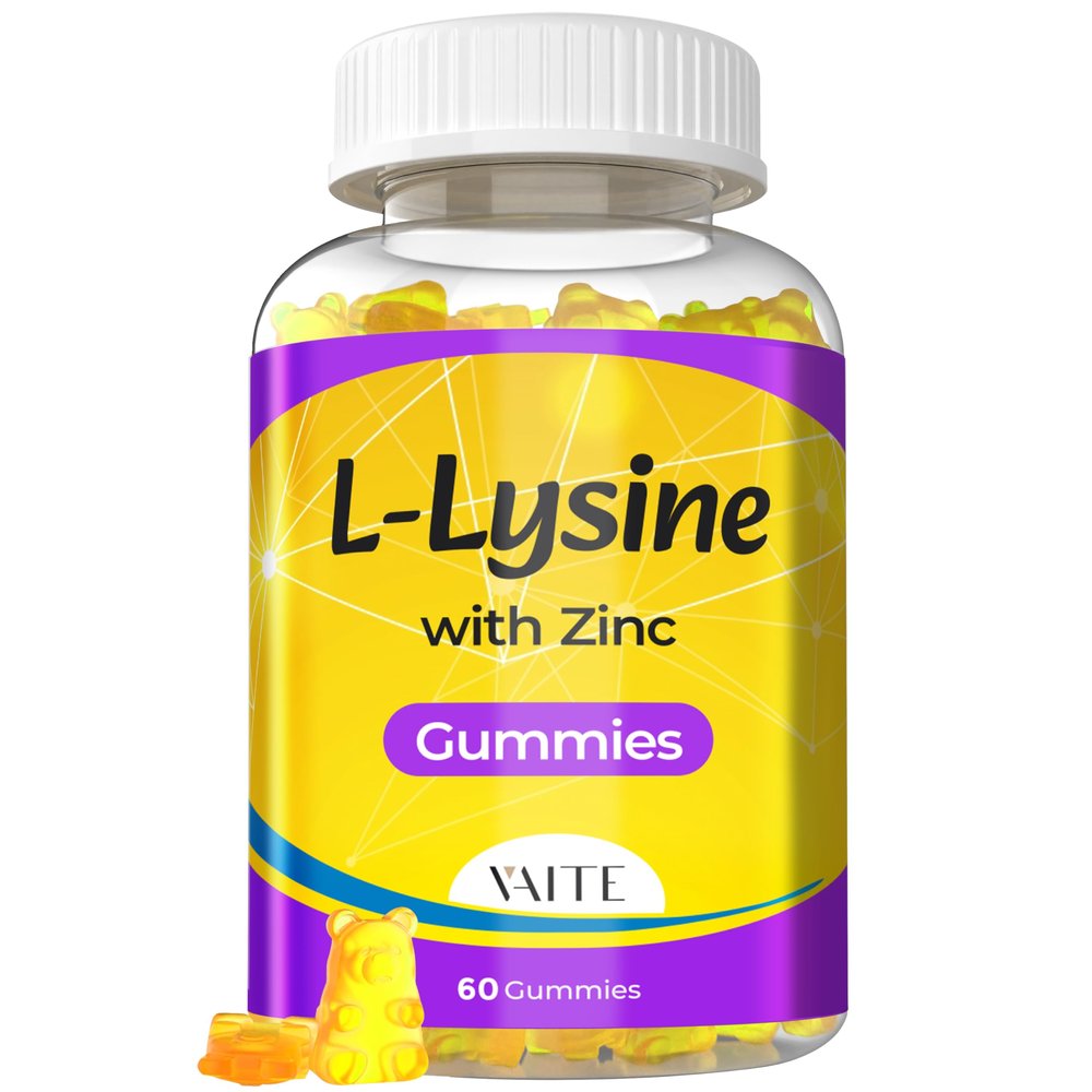 VAITE L Lysine Gummies 1000mg with Zinc - Supports Skin, Lip, Vegan, Gluten Free, 60 Chewable L-Lysine for Adults, Vitamins Tissue Health & Immune System, Amino Acid & Complex Supplements, Non-GMO
