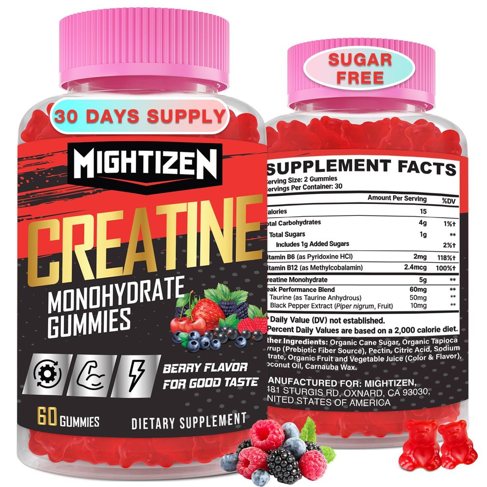 Creatine Monohydrate Gummies for Men & Women, Creatine for Women Chewables Creatine Monohydrate with Taurine & Vitamin B12, Pre-Workout Gummies for Max Strength, Energy & Endurance, Berry 60 Counts
