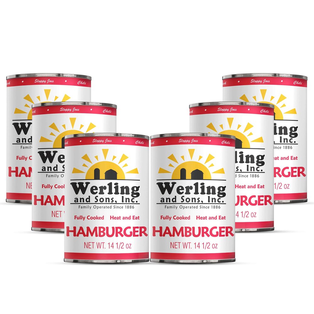 Werling Meats Canned Hamburger 14.5 Oz Fully Cooked Ground Beef, Heat & Eat | Premium Quality | 5-Year Shelf Life | Pantry Staple for Everyday Meals, Emergency, Survival & Camping | Made in USA | Pack of 6