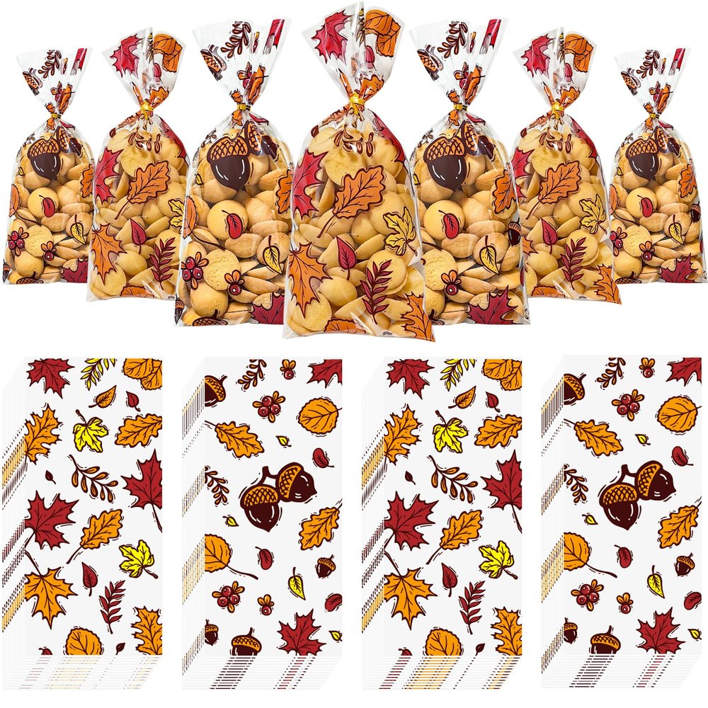 Thanksgiving Fall Cellophane Treat Bags, Thanksgiving Autumn Maple Leaves Pumpkin Candy Goodies Bags with Ties for Party Favor Supplies, 50 PCS, Plastic
