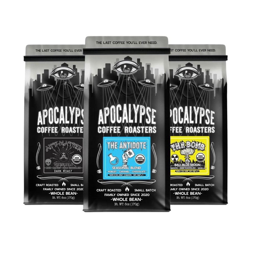 Apocalypse Coffee Roasters - Dark Roast Bundle - Anti-Matter, The Antidote & The Bomb - Organic Whole Bean Coffee - Medium-Dark Roast - Small Batch - Family Owned - 3 Bags - 12oz Each