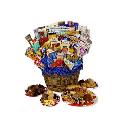 All American Gourmet Gift Basket of Chocolate, Cookies, Candy, Snack, and Treats, Hand-Crafted with a Stunning Red, White, and Blue Double Bow (66 Piece)