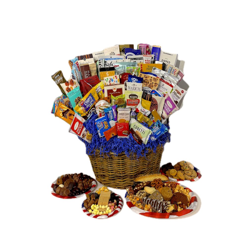 All American Gourmet Gift Basket of Chocolate, Cookies, Candy, Snack, and Treats, Hand-Crafted with a Stunning Red, White, and Blue Double Bow (66 Piece)