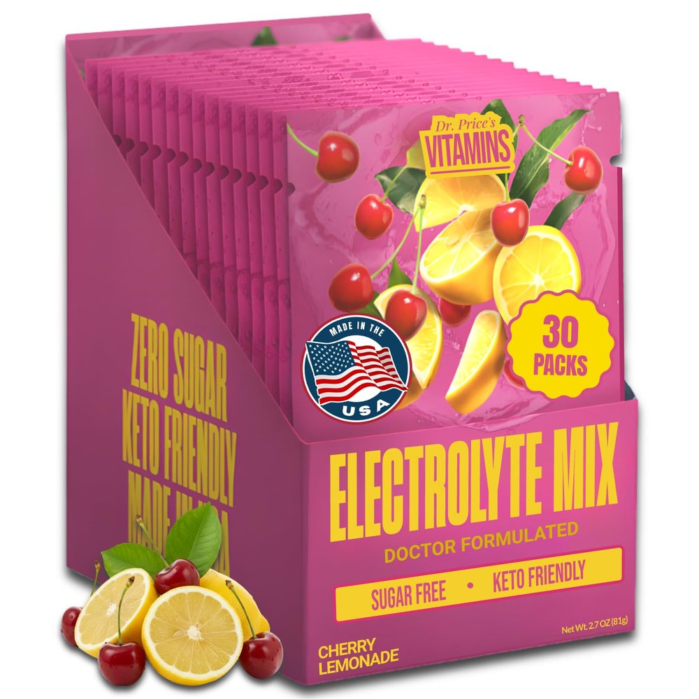 Dr. Prices Electrolytes Hydration Powder Packets Cherry Lemonade, 30 Packs | Sugar Free Electrolyte Drink Mix, 72+ Trace Minerals, Manganese | Keto, Vegan, Doctor-Formulated, Made in USA