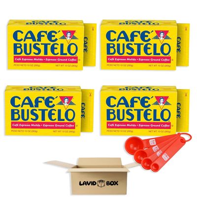 4 pack of Caf Bustelo Dark Roast Ground Coffee, 10 oz each, Authentic Espresso Flavor plus (1) Lavid Box Coffee Powder Spoon