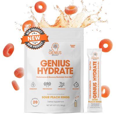 The Genius Brand Genius Hydrate - Electrolyte Supplement for Daily Hydration - Coconut Water - Sugar-Free - 8 Essential Minerals & Nutrients - Non-GMO - Sour Peach Rings - 20 Servings