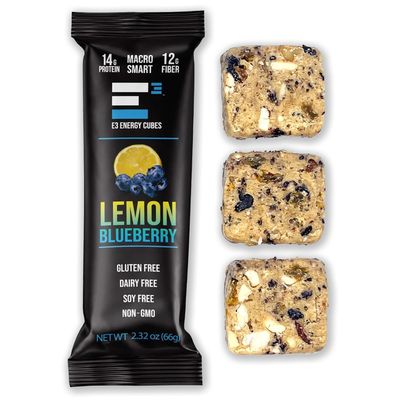 E3 Energy Cubes- Lemon Blueberry Refrigerated Protein Bars | Gluten Free, Dairy Free, Soy Free, Non-GMO, Macro Smart, Prebiotic Fiber, Prebiotic Fiber | High-Protein, Healthy Snack Bars | Made in USA Pack of 12