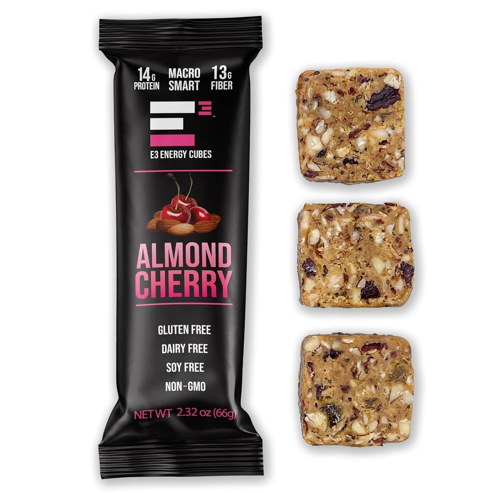 E3 Energy Cubes- Almond Cherry Refrigerated Protein Bars - 66g Protein Per Bar | Gluten Free, Dairy Free, Soy Free, Non-GMO, No Artificial Ingredients, Macro Smart, Prebiotic Fiber Rich | Made in USA Pack of 12
