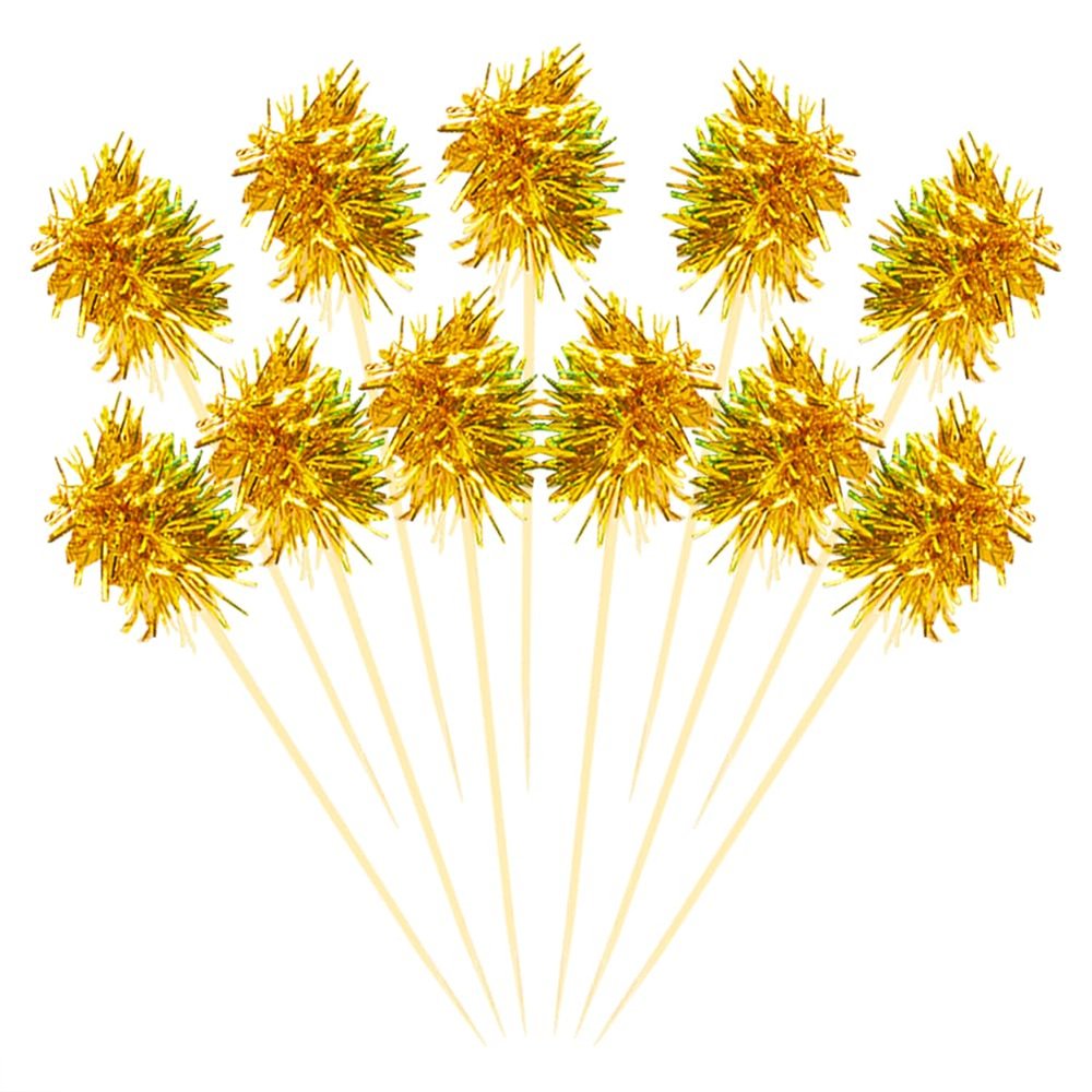 100 Pcs Firework Cupcake Toppers Foil Cake Toppers Fancy Cocktail Picks Tinsel Drink Stirrers Glitter Food Toothpicks Sparkly Cake Decorations for Birthday Wedding Golden