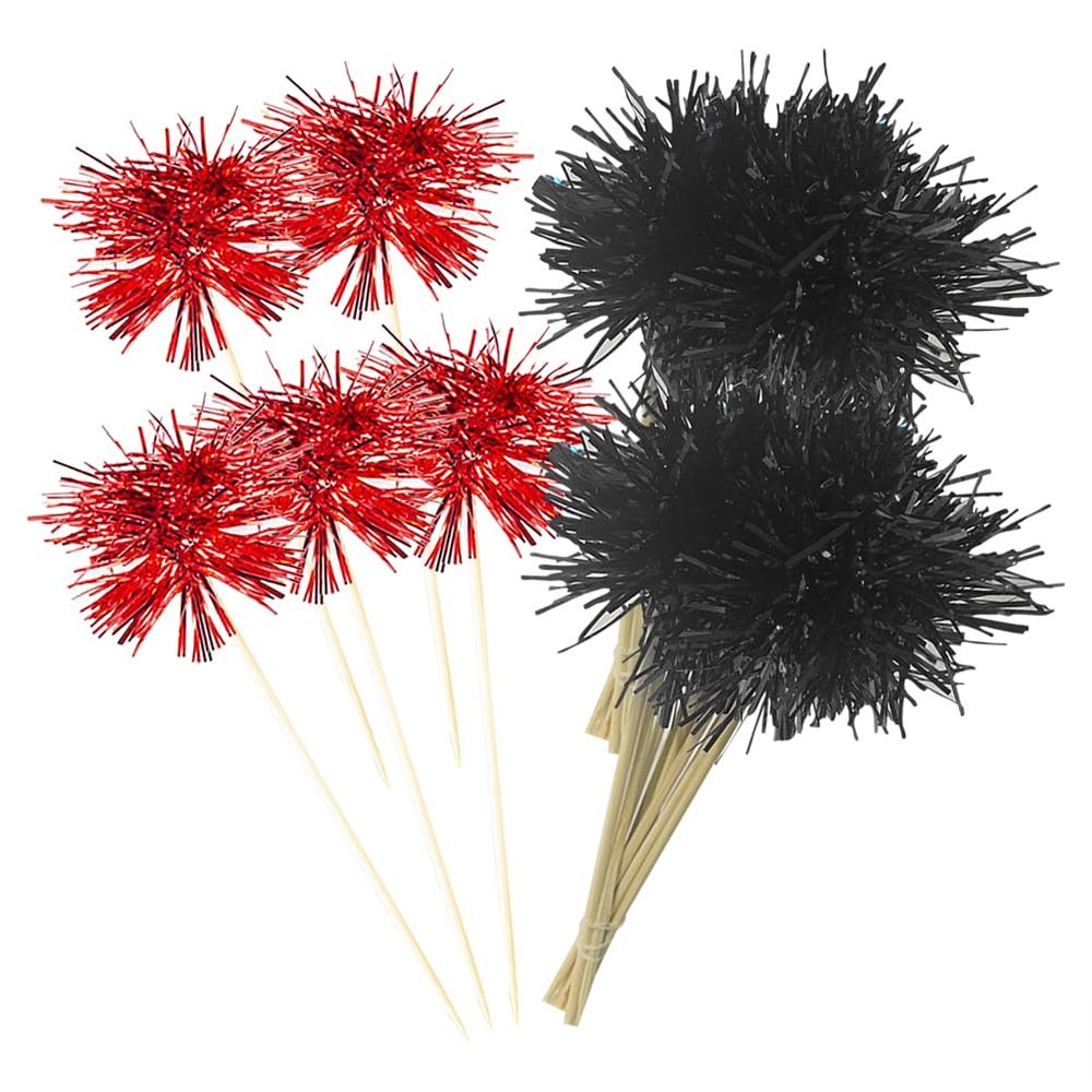 100 Pcs Firework Cupcake Toppers Foil Cake Toppers Fancy Cocktail Picks Tinsel Drink Stirrers Glitter Food Toothpicks Sparkly Cake Decorations for Birthday Wedding Black Red