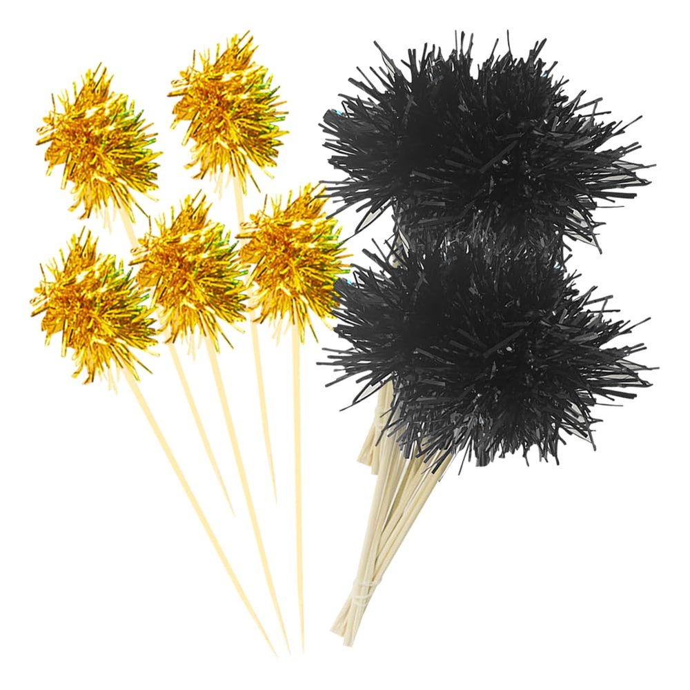 100 Pcs Firework Cupcake Toppers Foil Cake Toppers Fancy Cocktail Picks Tinsel Drink Stirrers Glitter Food Toothpicks Sparkly Cake Decorations for Birthday Wedding Golden Black