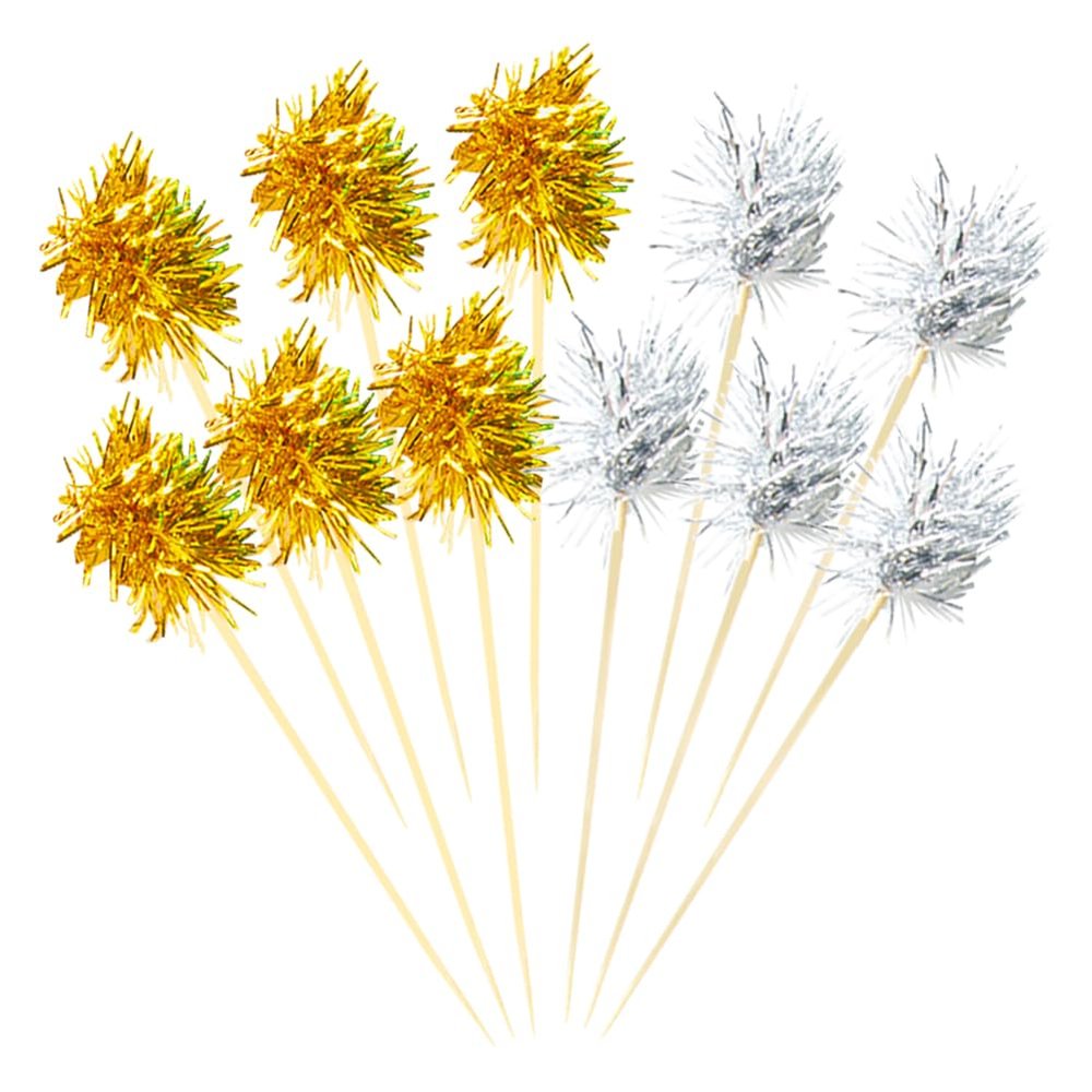 100 Pcs Firework Cupcake Toppers Foil Cake Toppers Fancy Cocktail Picks Tinsel Drink Stirrers Glitter Food Toothpicks Sparkly Cake Decorations for Birthday Wedding Golden Silver