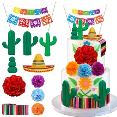 11 PCS Mexican Fiesta Cake Topper Mexican Picado Banner Cactus Mexican Serape Ribbon and Flower Cake Decor for Mexican Themed Party Decorations