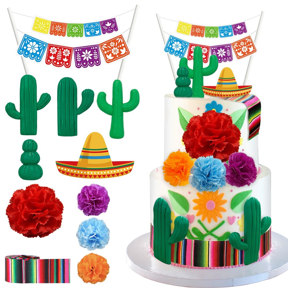 11 PCS Mexican Fiesta Cake Topper Mexican Picado Banner Cactus Mexican Serape Ribbon and Flower Cake Decor for Mexican Themed Party Decorations