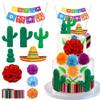 11 PCS Mexican Fiesta Cake Topper Mexican Picado Banner Cactus Mexican Serape Ribbon and Flower Cake Decor for Mexican Themed Party Decorations view 1