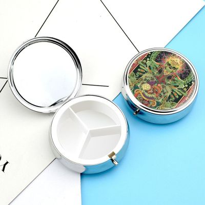 Pill Case Round Pill Box with 3 Compartment (designName) Pill Organizer Waterproof Medicine Organizer Box for Travel Metal Pill Containers for Medication Planner