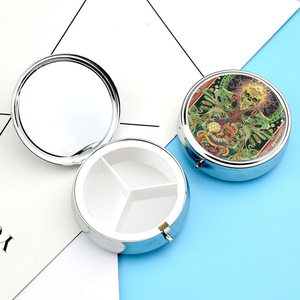 Pill Case Round Pill Box with 3 Compartment (designName) Pill Organizer Waterproof Medicine Organizer Box for Travel Metal Pill Containers for Medication Planner