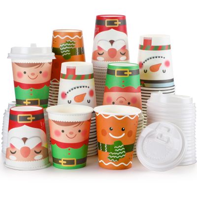 Peryiter 100 Pack 9 oz Christmas Paper Coffee Cups with Lids Disposable Hot Chocolate Cups Christmas Drinkware Party Supplies for Coffee Tea Beverage, 4 Styles