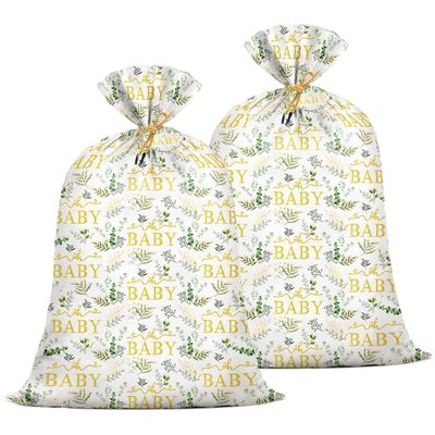 2Pcs Extra Large Baby Gift Bag Baby Shower 48"x 36" Jumbo Plastic Present Bag Eucalyptus Leaves Birthday Large Gift Wrapping Bags Oversized Oh Baby Sage Green Gender Reveal Birthday Party Favors