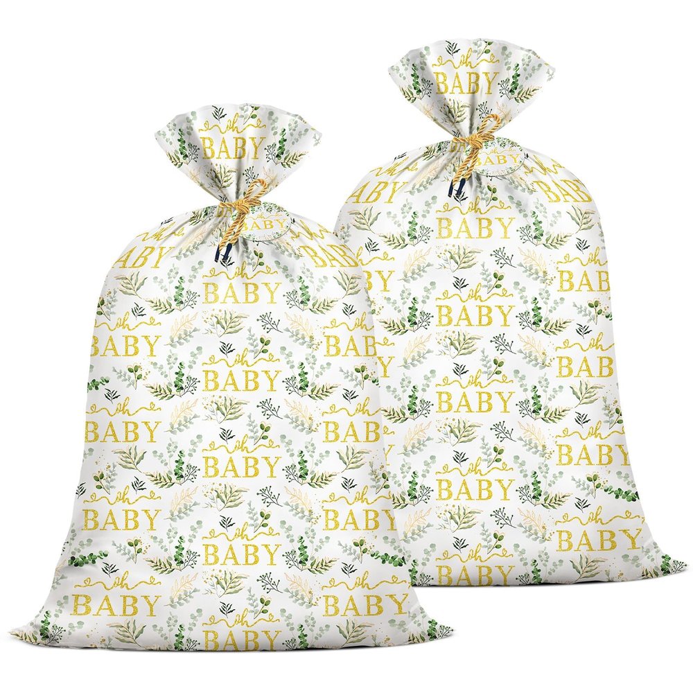2Pcs Extra Large Baby Gift Bag Baby Shower 48"x 36" Jumbo Plastic Present Bag Eucalyptus Leaves Birthday Large Gift Wrapping Bags Oversized Oh Baby Sage Green Gender Reveal Birthday Party Favors