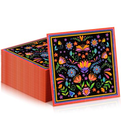 FillTouch 100 Pcs Mexican Fiesta Napkins Cielito Lindo Paper Cocktail Napkins Mandala Flower Mexican Party Decoration for Cinco De Mayo Taco Tuesday Baby Shower Birthday Party Supply (Black)