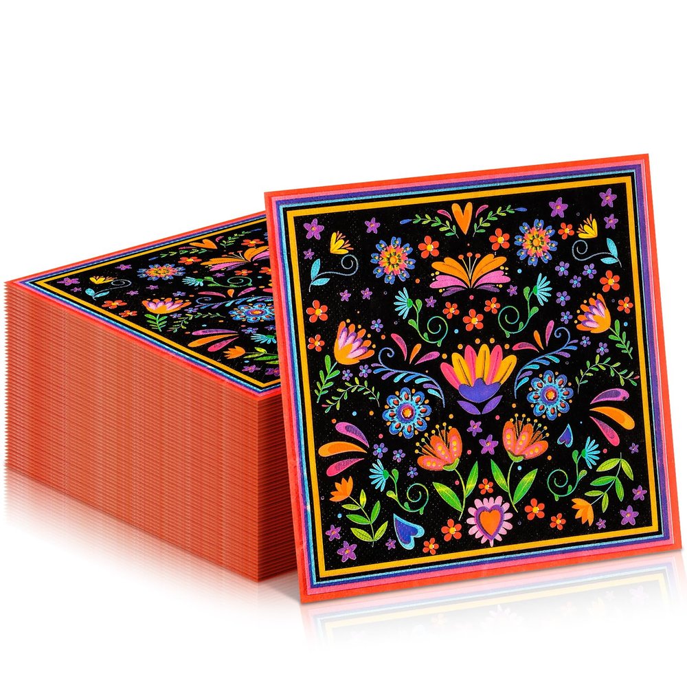FillTouch 100 Pcs Mexican Fiesta Napkins Cielito Lindo Paper Cocktail Napkins Mandala Flower Mexican Party Decoration for Cinco De Mayo Taco Tuesday Baby Shower Birthday Party Supply (Black)