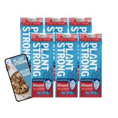 PLANTSTRONG MILK Unsweetened Almond  Whole Plant-Based Milk, Fortified with Calcium, B12 & D3, No Gums or Oils, Non-GMO Project Verified, Gluten Free, Vegan (6-Pack (32 Fl Oz Each)) + Recipe Guide