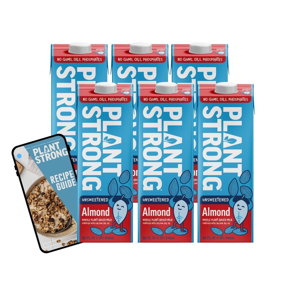 PLANTSTRONG MILK Unsweetened Almond  Whole Plant-Based Milk, Fortified with Calcium, B12 & D3, No Gums or Oils, Non-GMO Project Verified, Gluten Free, Vegan (6-Pack (32 Fl Oz Each)) + Recipe Guide