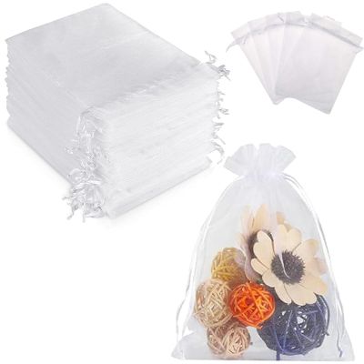100PCS Premium Sheer Organza Bags, 4x4.72 Inch Drawstring Gift Bag, White Wedding Favor Bag, Jewelry Gift Bags for Party, Christmas, Jewelry, Festival Bathroom Soaps, Makeup Organza, Wrapping Supplie (White)