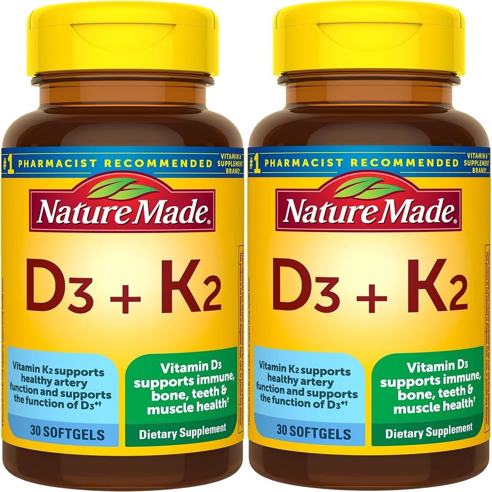 Nature Made Vitamin D3 K2, 5000 IU (125 mcg) Vitamin D, Dietary Supplement for Bone, Teeth, Muscle and Immune Health Support, 30 Softgels, 30 Day Supply - Pack of 2