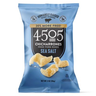 4505 Sea Salt Seasoned Chicharrones, Fried Pork Rinds - Sea Salt Flavored Pork Skins - Low Carb, Gluten-Free, Protein Snack - 3oz