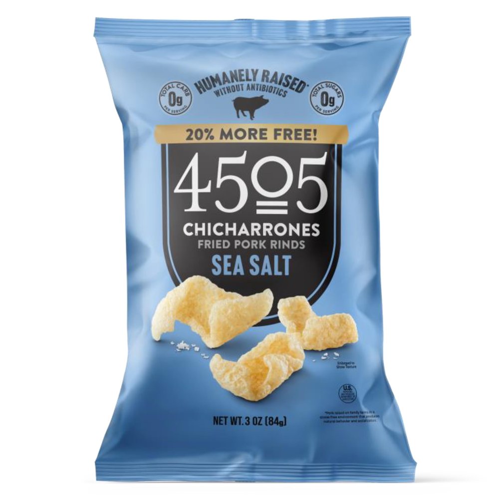 4505 Sea Salt Seasoned Chicharrones, Fried Pork Rinds - Sea Salt Flavored Pork Skins - Low Carb, Gluten-Free, Protein Snack - 3oz