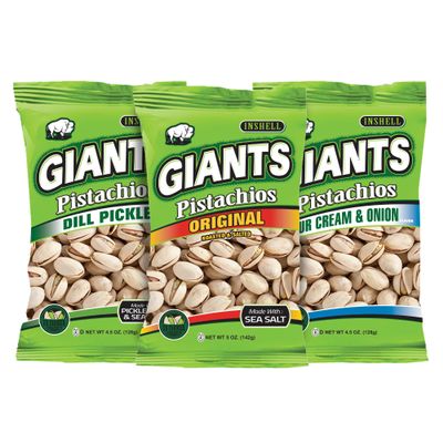 GIANTS Pistachios Variety Pack - Healthy Snacks, In Shell Pistachios Individual Packs, Pistachio Mix w/Original, Dill Pickle, Sour Cream and Onion Pistachio Nuts, Travel Snacks - 5 oz Bags (3 Pack)