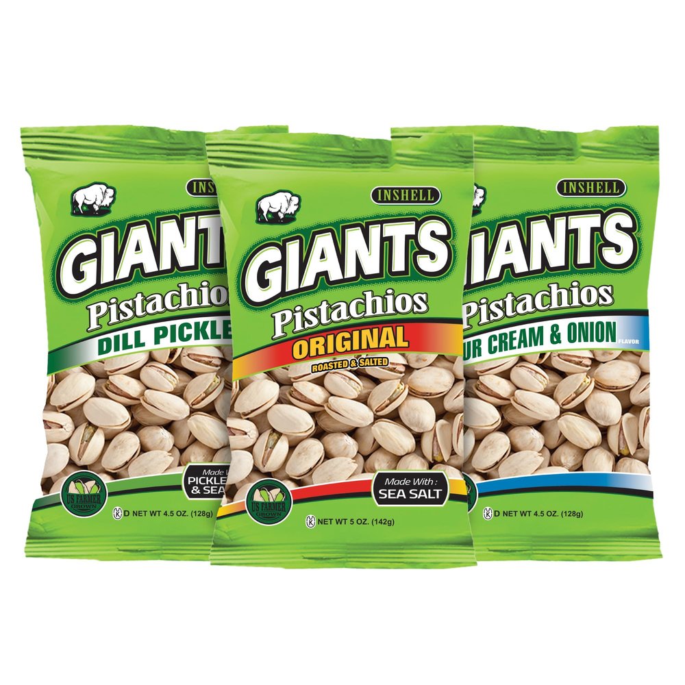 GIANTS Pistachios Variety Pack - Healthy Snacks, In Shell Pistachios Individual Packs, Pistachio Mix w/Original, Dill Pickle, Sour Cream and Onion Pistachio Nuts, Travel Snacks - 5 oz Bags (3 Pack)