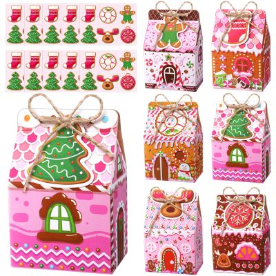 Blulu 60 Set Small Christmas Cookie Boxes with Tags Gingerbread House Gift Box with String Kraft Paper Christmas Treat Boxes Mini Goodie Containers for Xmas Party Packaging Favor Supplies(Pink)