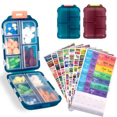 2 Pcs Travel Pill Organizer with Labels, Portable Travel Medicine Daily Pill Container Organizer 7 Day Pill Case Storage Vitamin Fish Oil (Blue & Red, 320 Medicine Lables)