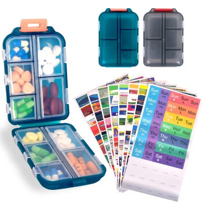 2 Pcs Travel Pill Organizer with Labels, Portable Travel Medicine Daily Pill Container Organizer 7 Day Pill Case Storage Vitamin Fish Oil (Blue & Gray, 320 Medicine Lables)