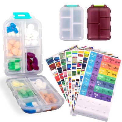 2 Pcs Travel Pill Organizer with Labels, Portable Travel Medicine Daily Pill Container Organizer 7 Day Pill Case Storage Vitamin Fish Oil (White & Red, 320 Medicine Lables)