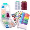 2 Pcs Travel Pill Organizer with Labels, Portable Travel Medicine Daily Pill Container Organizer 7 Day Pill Case Storage Vitamin Fish Oil (White & Red, 320 Medicine Lables)