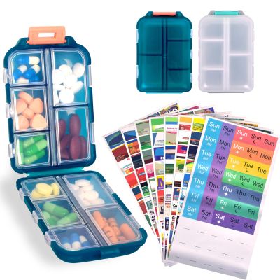 2 Pcs Travel Pill Organizer with Labels, Portable Travel Medicine Daily Pill Container Organizer 7 Day Pill Case Storage Vitamin Fish Oil (White & Blue, 320 Medicine Lables)