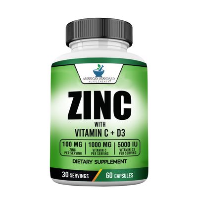 American Standard Supplements Zinc 100mg, Vitamin C 1000mg, and Vitamin D3 5000 IU (125mcg) Per Serving - Gluten Free, Non-GMO, 60 Capsules, 30 Servings