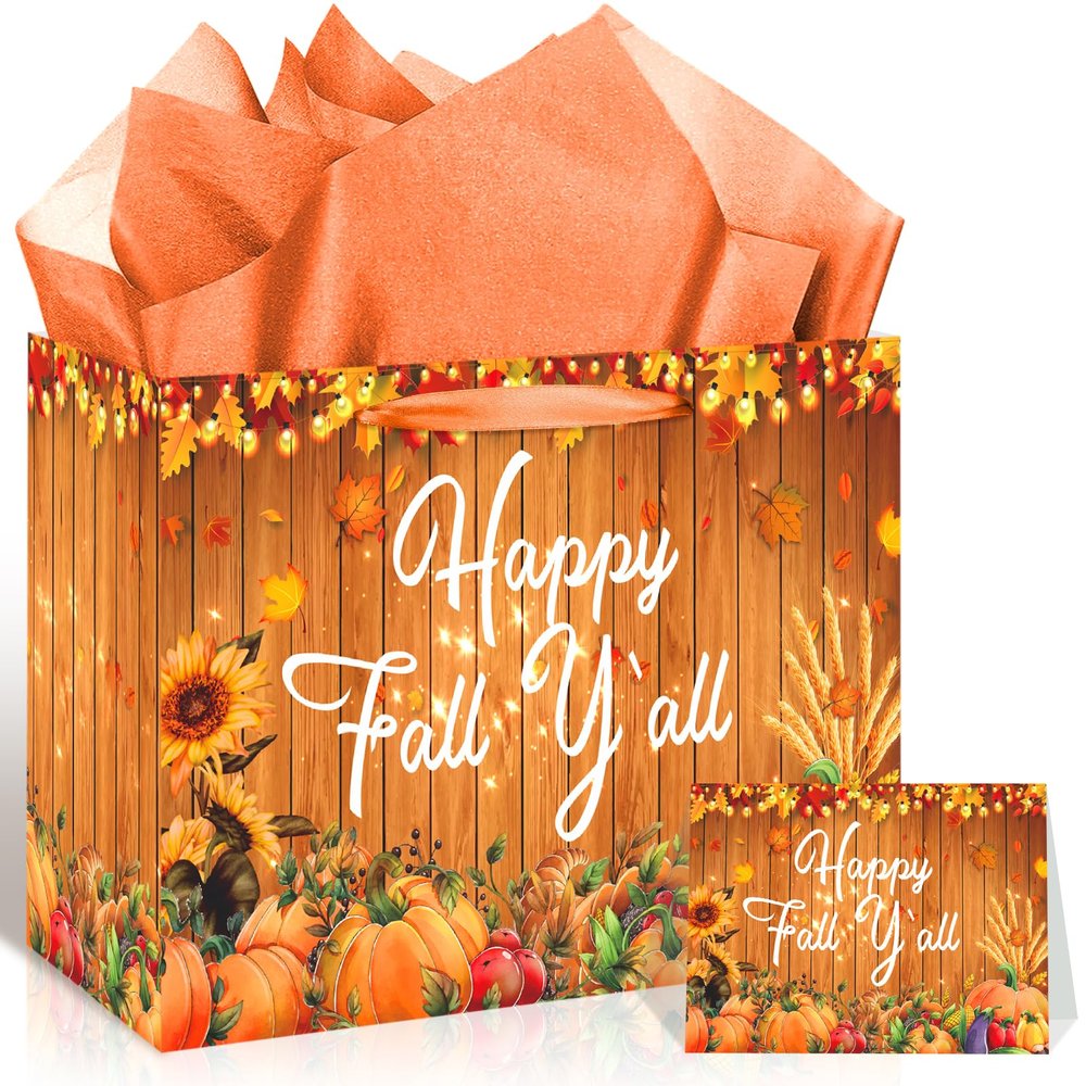 1PC Fall Harvest Gift Bag with Tissue Papers and Card, Happy Y'all Gift Bag Autumn Maple Leaves Pumpkin Gift Bag Thanksgiving Fall Gift Wrapping Paper Treat Bags for Thanksgiving Day Fall Party Favors